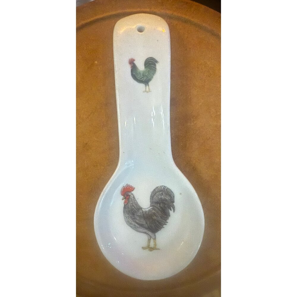 B.I.A. VINTAGE ROOSTER SPOONREST 9” LONG/Ceramic Rooster Print Spoon Rest By B.I